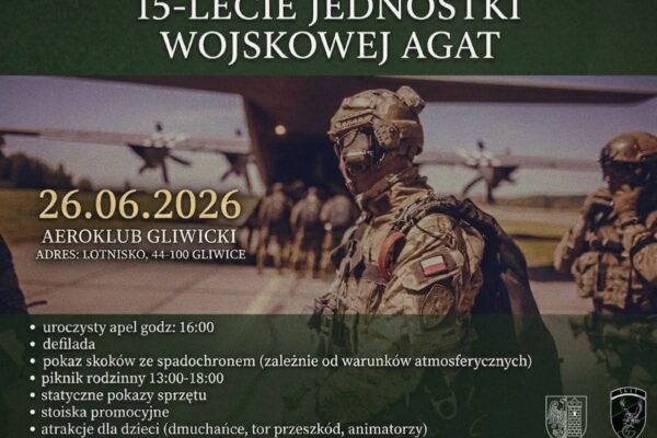 Plakat obchodów 15-lecia Jednostki Wojskowej AGAT - 26 czerwca 2026, Aeroklub Gliwicki, z programem dnia