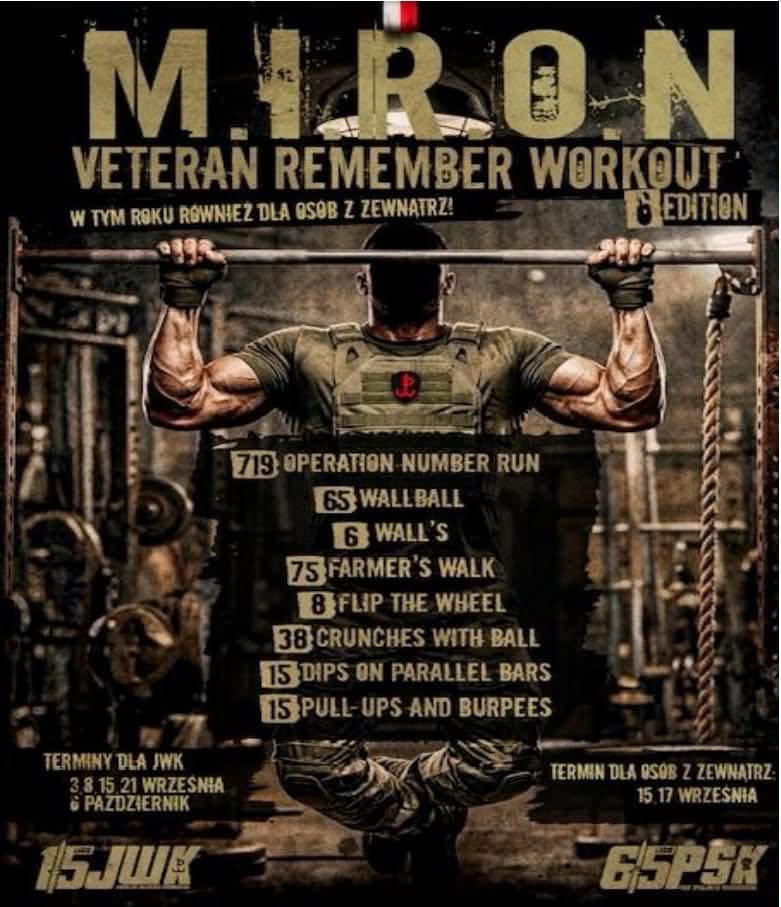 Plakat zawodów M.I.R.O.N. 6 - Veteran Remember Workout z protokołem konkurencji i terminami startów