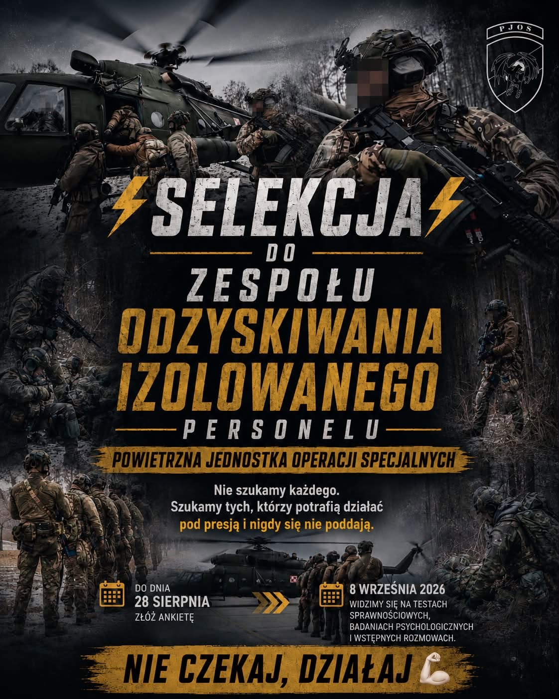 Plakat rekrutacyjny PJOS: selekcja do Zespołu Odzyskiwania Izolowanego Personelu, ankieta do 28 sierpnia, testy 8 września 2026