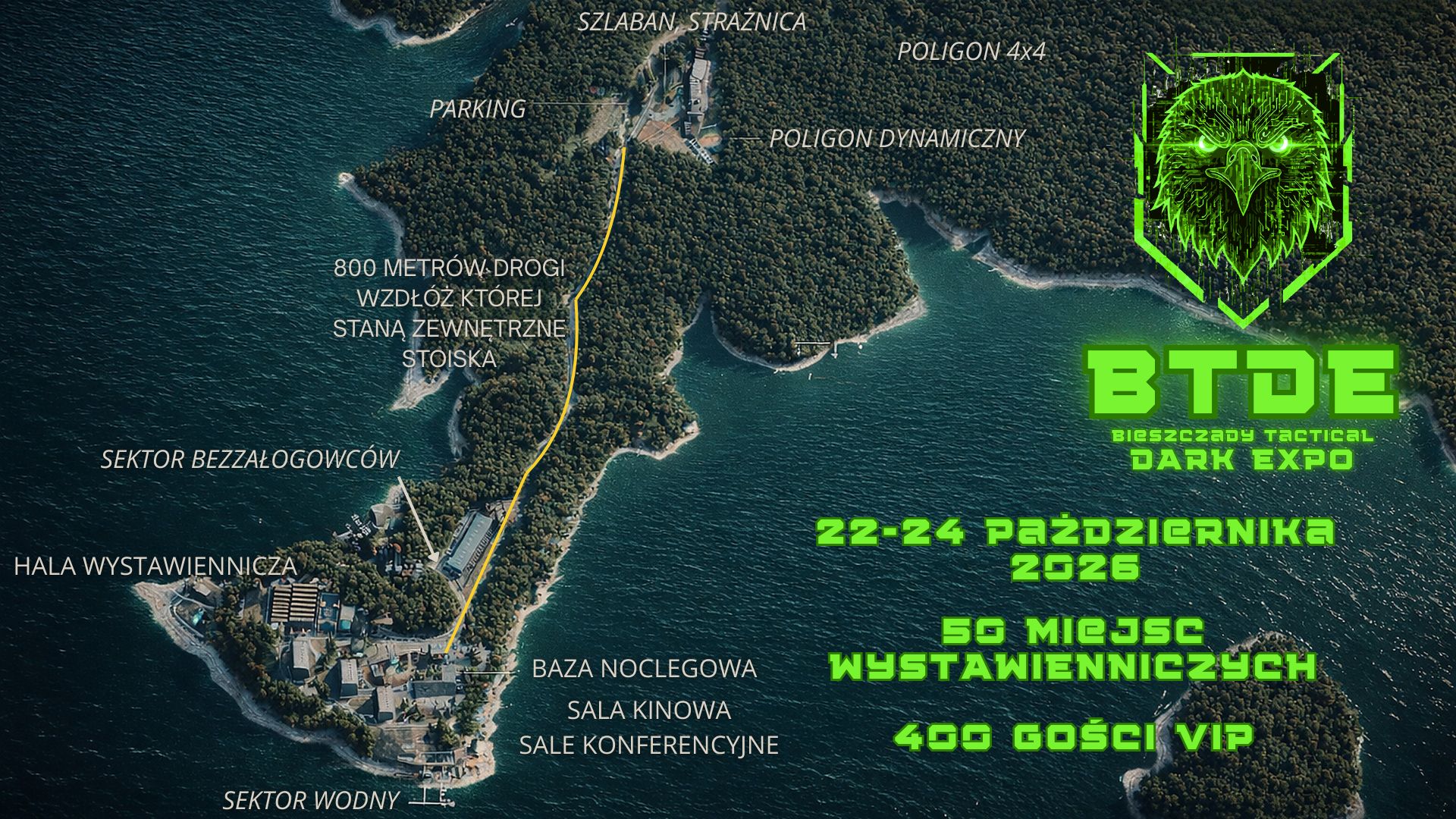 Mapa Półwyspu Jawor nad Jeziorem Solińskim ze strefami BTDE 2026: hala wystawiennicza, poligon dynamiczny, poligon 4x4, sektor bezzałogowców i sektor wodny