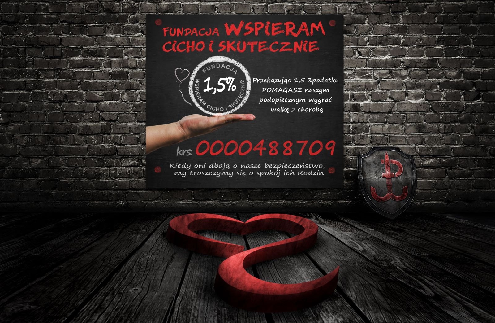 Grafika Fundacji „Wspieram cicho i skutecznie” z numerem KRS do przekazania 1,5 procent podatku